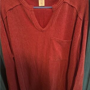 Red V-Neck Long Sleeve Top